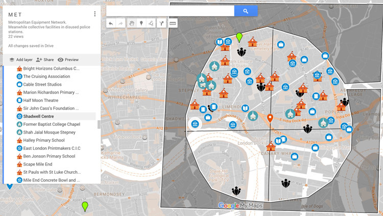 Image 7. Mapping of main activities and facilities around Limehouse police station. Source: author.