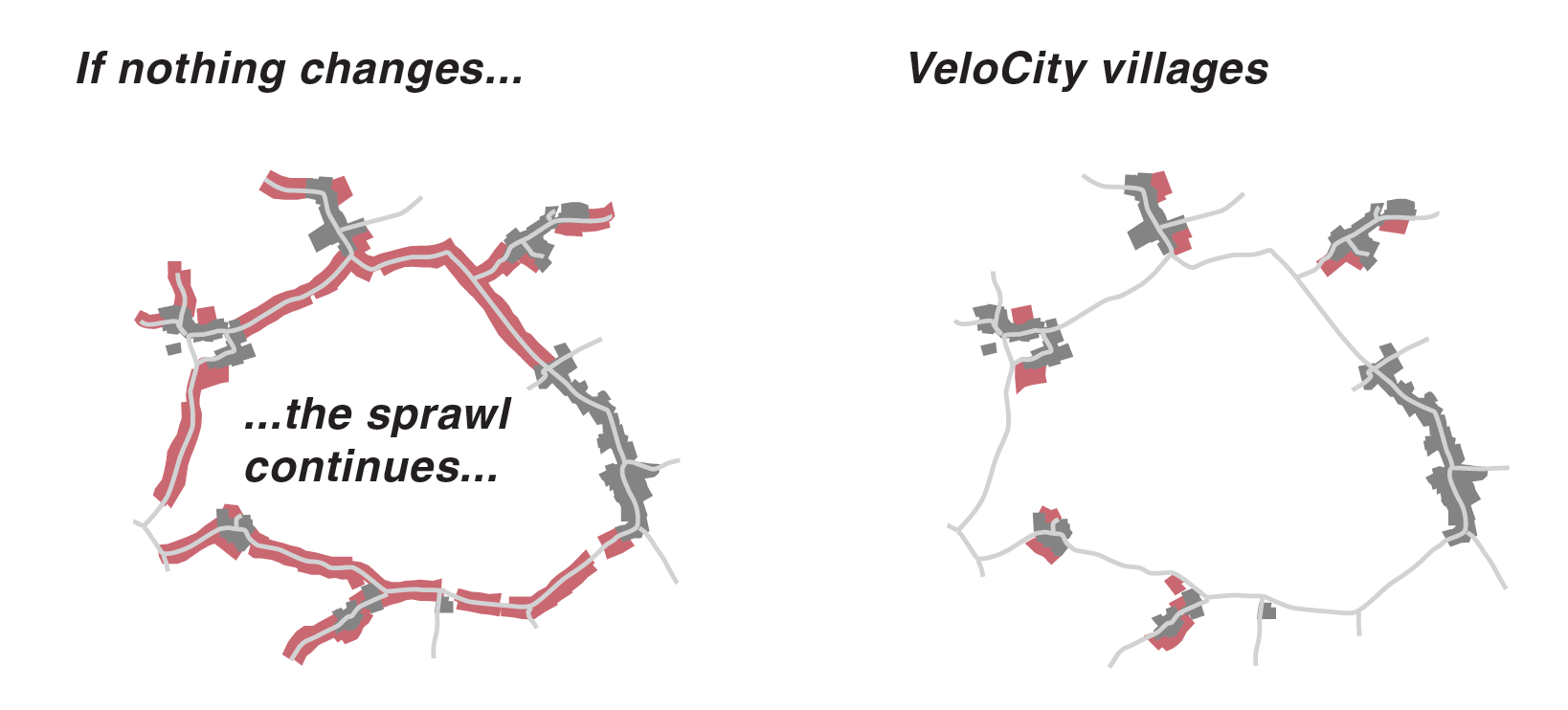 Image 4. Current development in rural areas leads to sprawl. VeloCity proposes to keep villages compact and walkable through focusing new development in and around the village core. Source: Author.